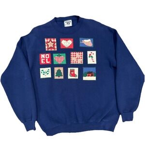 Vintage Lee First Noel Christmas Sweater Men's Large Navy Blue Embroidered USA